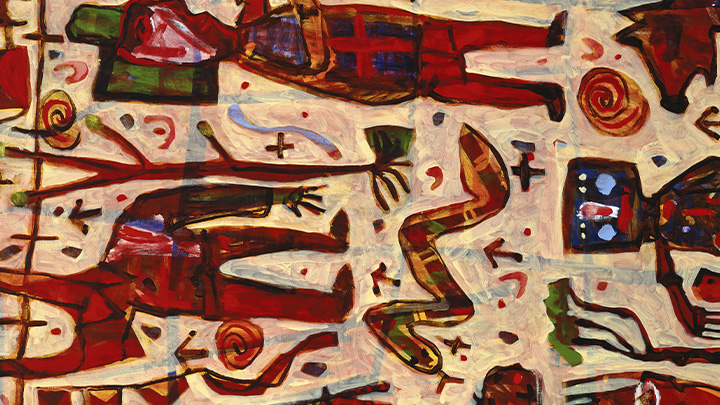 An artwork featuring maroon coloured figures and patterns